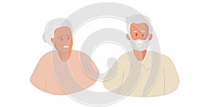 Two sad elderly people. Unhappy elderly woman and man with gray hair. Senior couple. Worried old people. Colored flat
