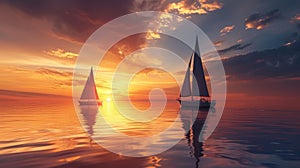 two sailboats gracefully glide in the ocean\'s sunset hues. Ai Generated