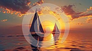 two sailboats gracefully glide in the ocean\'s sunset hues. Ai Generated