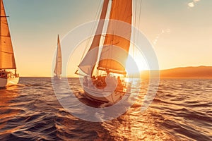 Two sailboats sailing in the ocean at sunset. Generative AI image.