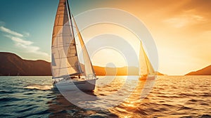 Two sailboats are sailing in the ocean at sunset. Generative AI image.