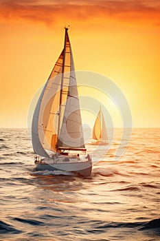 Two sailboats are sailing in the ocean at sunset. Generative AI image.