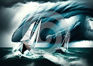 Two sailboats with storm and big waves.Generative Al Illustration