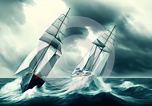 Two sailboats with storm and big waves.Generative Al Illustration