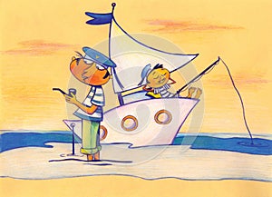 Two sailors by the sea and ship