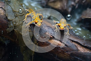 two salamanders under a log in a damp habitat