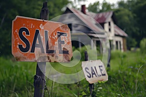 Two for sale signs sit in front of a deserted house on a quiet road