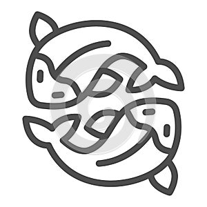 Two salmon, fresh fish, japanese koi, carp line icon, asian culture concept, goldfish vector sign on white background