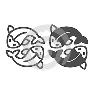 Two salmon, fresh fish, japanese koi, carp line and solid icon, asian culture concept, goldfish vector sign on white