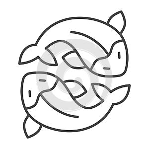 Two salmon, fresh fish, japanese koi, carp thin line icon, asian culture concept, goldfish vector sign on white
