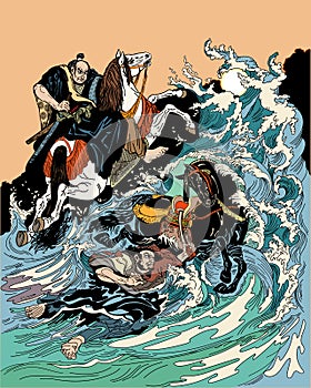 Two samurai crossing a stormy sea