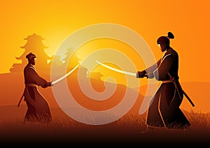 Two Samurai in duel stance facing each other on grass field