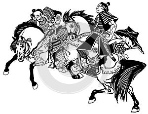 Two samurai horsemen black and white
