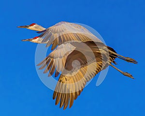 Two Sandhill Cranes wing their way to feeding grounds during winter migration