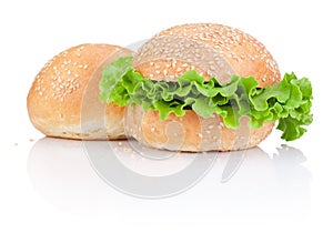Two Sandwich bun with green salad leaf isolated on white