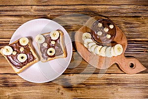 Two sandwiches with chocolate spread on a plate. Sandwich like a bear muzzle. Top view photo