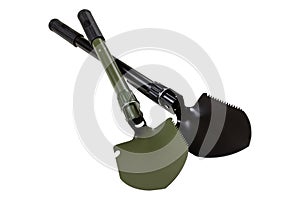 Two sapper shovels on a white background, green and black shovels for camping or for hiking photo