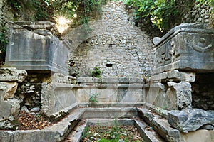 The two Sarcophagus Sarcophagi in the tomb of Lyciarch Marcus Aurelius Archepolis, sun light coming in from the background,