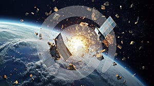 Two satellites clashing in orbit and creating space debris. Generative AI photo