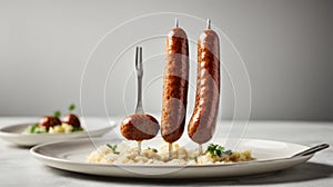 Two sausages on forks on a white background