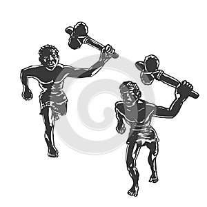 Two savages, Neanderthal men with axes. Graphic hand sketch. Vector