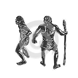 Two savages, Neanderthal men with spears. Graphic hand sketch. Vector