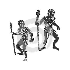 Two savages, Neanderthal men with spears. Graphic hand sketch. Vector