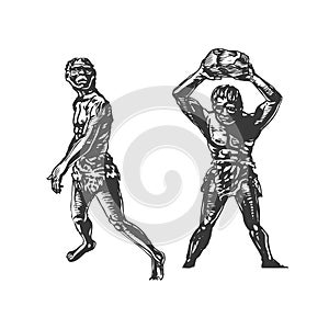 Two savages, Neanderthal men with stone. Graphic hand sketch. Vector