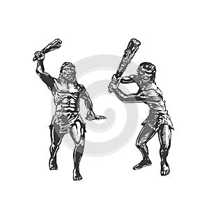 Two savages, Neanderthals with cudgel. Graphic hand sketch. Vector