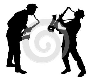 Abstract music vector illustration with a silhouette of two saxophone players in action for jazz and other music