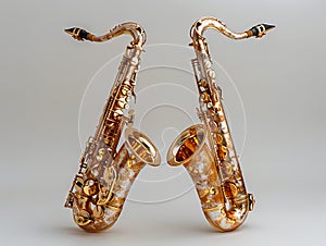 Two saxophones are shown on a white background