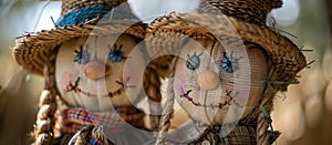 Two Scarecrows in Straw Hats and Scarves