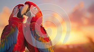 Two scarlet macaws in affectionate pose at sunset