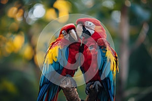 Two scarlet macaws intimately interacting, showcasing their brilliant red, blue, yellow feathers. Lush green background softly