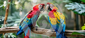 Two scarlet macaws perching on branch with blurred background, copy space for text