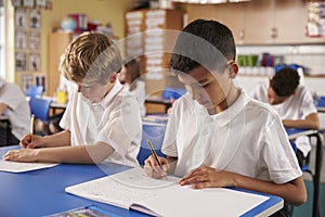 Two schoolboys working in a primary school class, close up photo