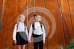 Two schoolchildren boy and girl, little schoolchildren,