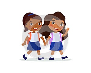 Two schoolgirls going to school flat vector illustration. Couple pupils in uniform holding hands isolated cartoon characters.