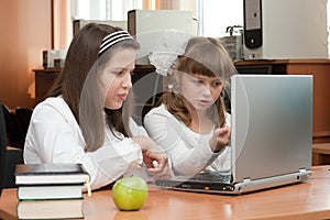 Two schoolgirls performs task using notebook