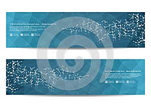 Two scientific banner. Molecular structure of DNA and neurons. Geometric abstract background. Medicine, science