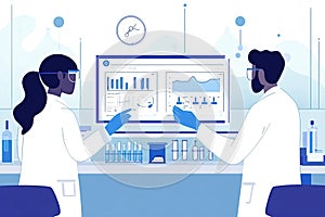 Scientists analyzing data on computer screen in laboratory
