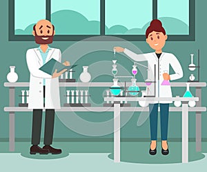Two scientists working at laboratory. Man making notes in folder, woman doing chemical experiment. Flat vector design
