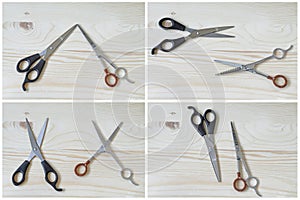 Two Scissors cut and wood background.