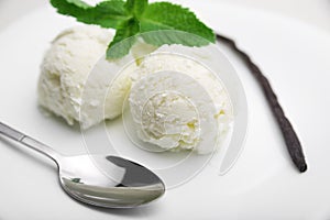 Two scoops of ice cream with mint and a vanilla bean on a white plate, white background