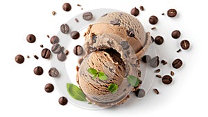 Two scoops of rich coffee ice cream adorned with fresh basil leaves and scattered coffee beans on a white background