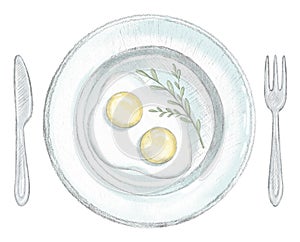 Two scrambled eggs on a plate with fork and knife