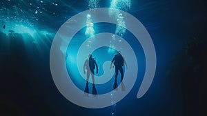 Two scuba divers emerging from the deep blue backs to the camera as they ascend towards the surface dive lights creating