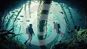 Two scuba divers silhouette underwater swimming in turquoise water among fish stack undersea world