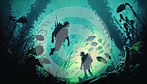 Two scuba divers silhouette underwater swimming in turquoise water among fish stack undersea world