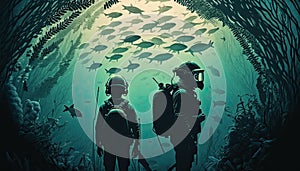 Two scuba divers silhouette underwater swimming in turquoise water among fish stack undersea world